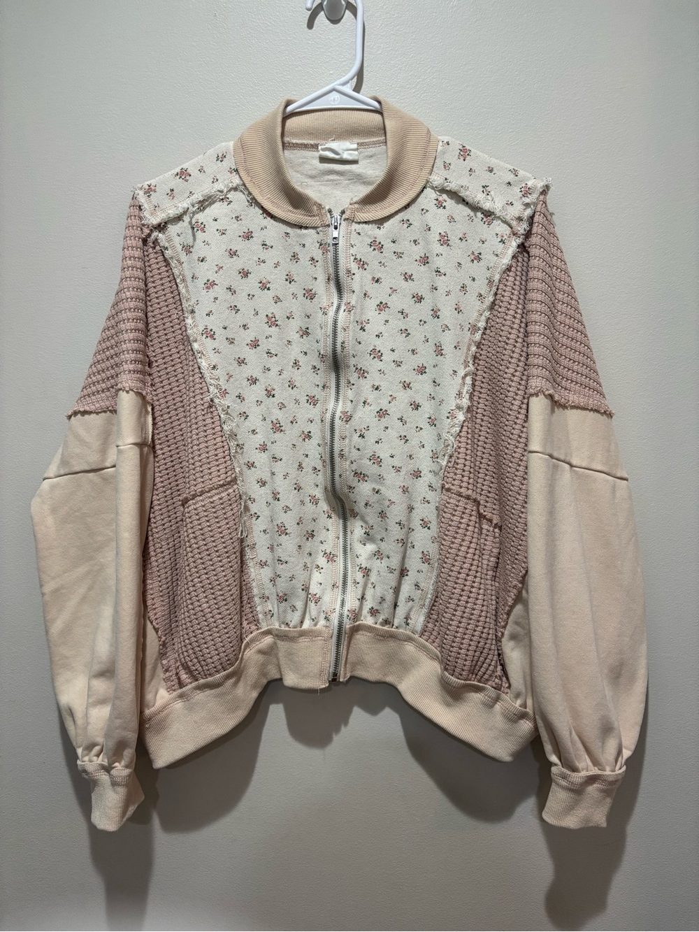 Boho Floral Patchwork Waffle Knit Raw Edge Zip Jacket Cottagecore Romantic Artsy